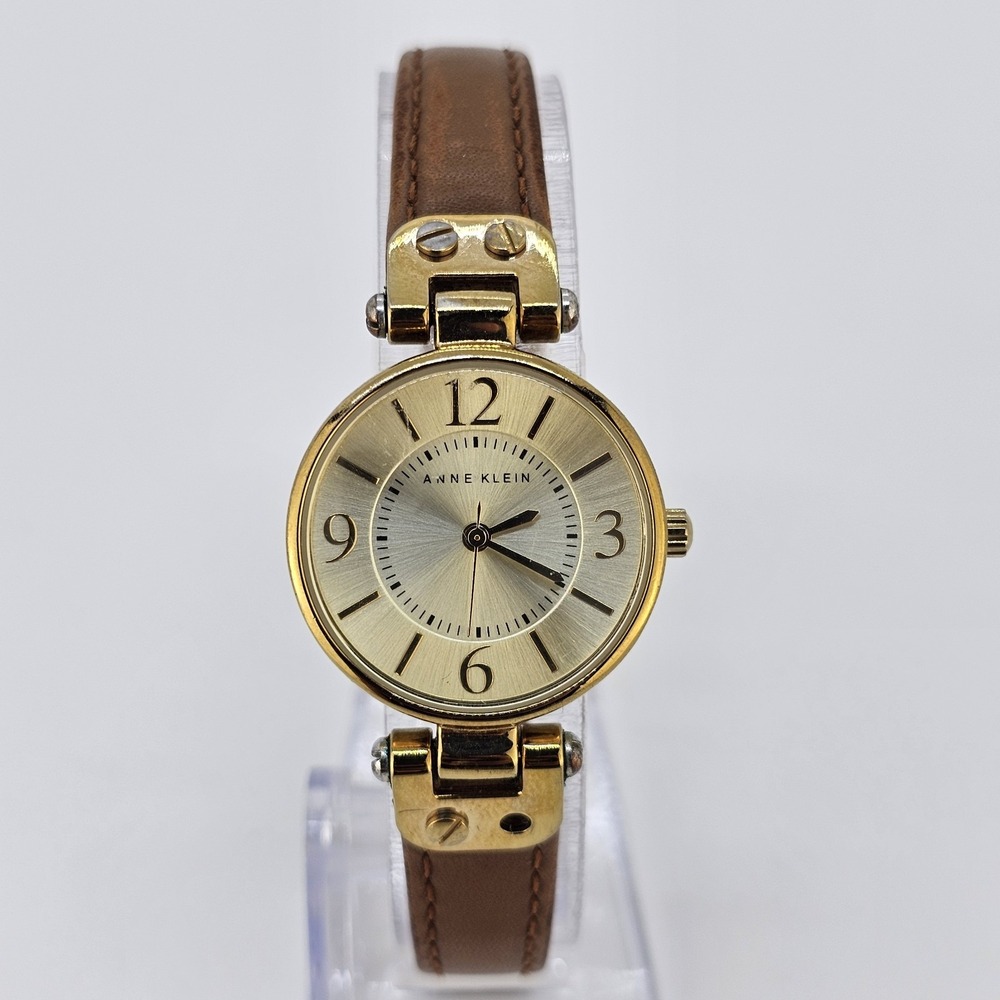 Anne Klein Women's Analog Watch 26MM Gold Dial Brown Leather Bands NEW Battery